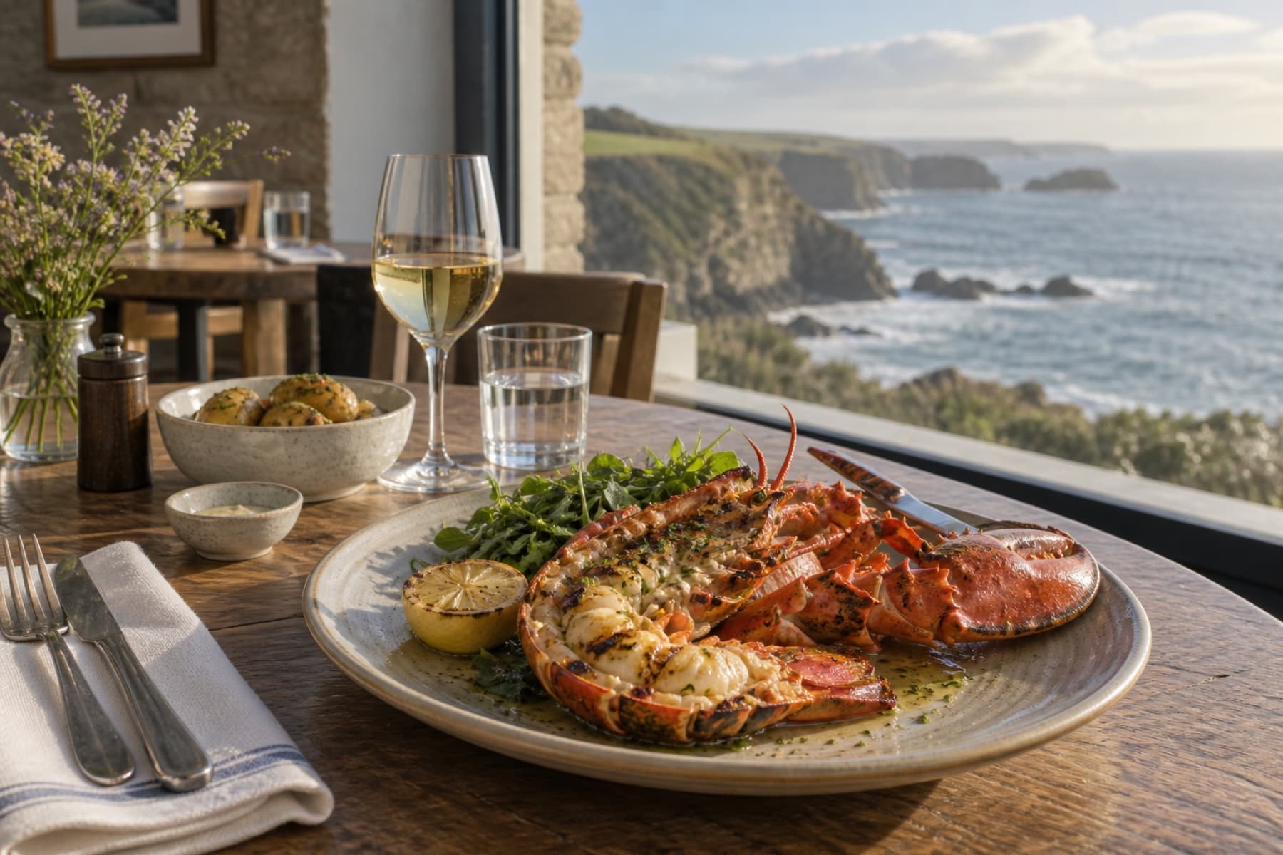 Lobster dish at a coastal restaurant in Cornwall