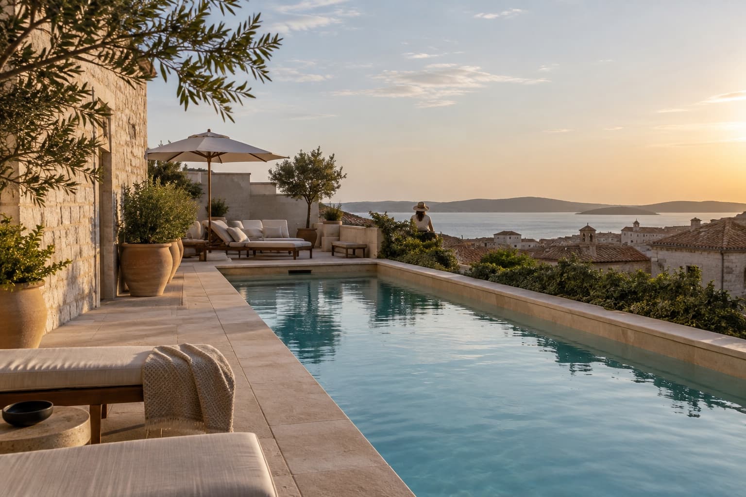 Sunlit rooftop pool and quiet terrace at a weekend hotel