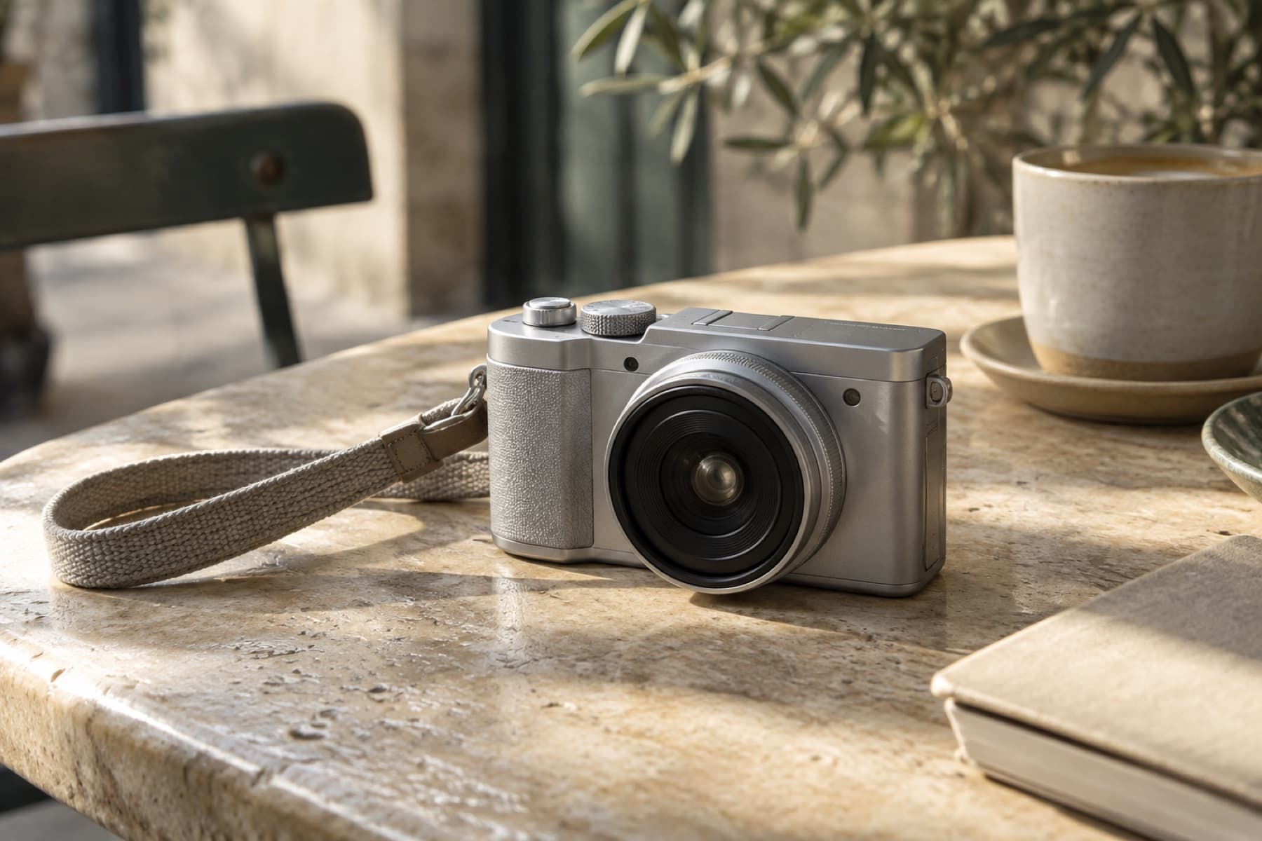 Small silver camera on a café table